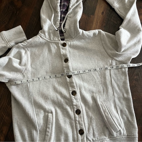 Carhartt Women’s Small Gray Plaid Button Down Flannel Lined Jacket With Hood - Picture 6 of 7